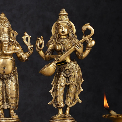 Brassaura™ Brass Standing Ganesh Lakshmi Saraswati Idol Set | Height 10 inch Each | Weight 9 Kg | Spiritual Home Decor