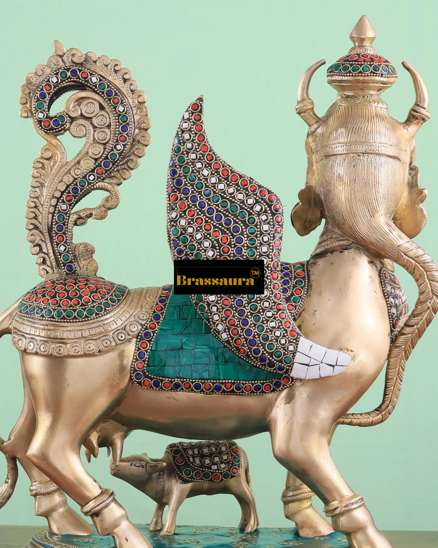 Brassaura™ Brass Kamdhenu Cow Statue with Meenakari Stonework | 16.5 Inches Height | 16 Kgs Weight | Divine Symbol of Grace & Prosperity