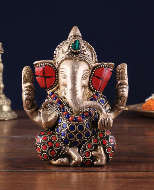 Brassaura™ Small Pure Brass Lord Ganesha Idol – 5" Height, 0.8 kg – Intricately Adorned with Stonework