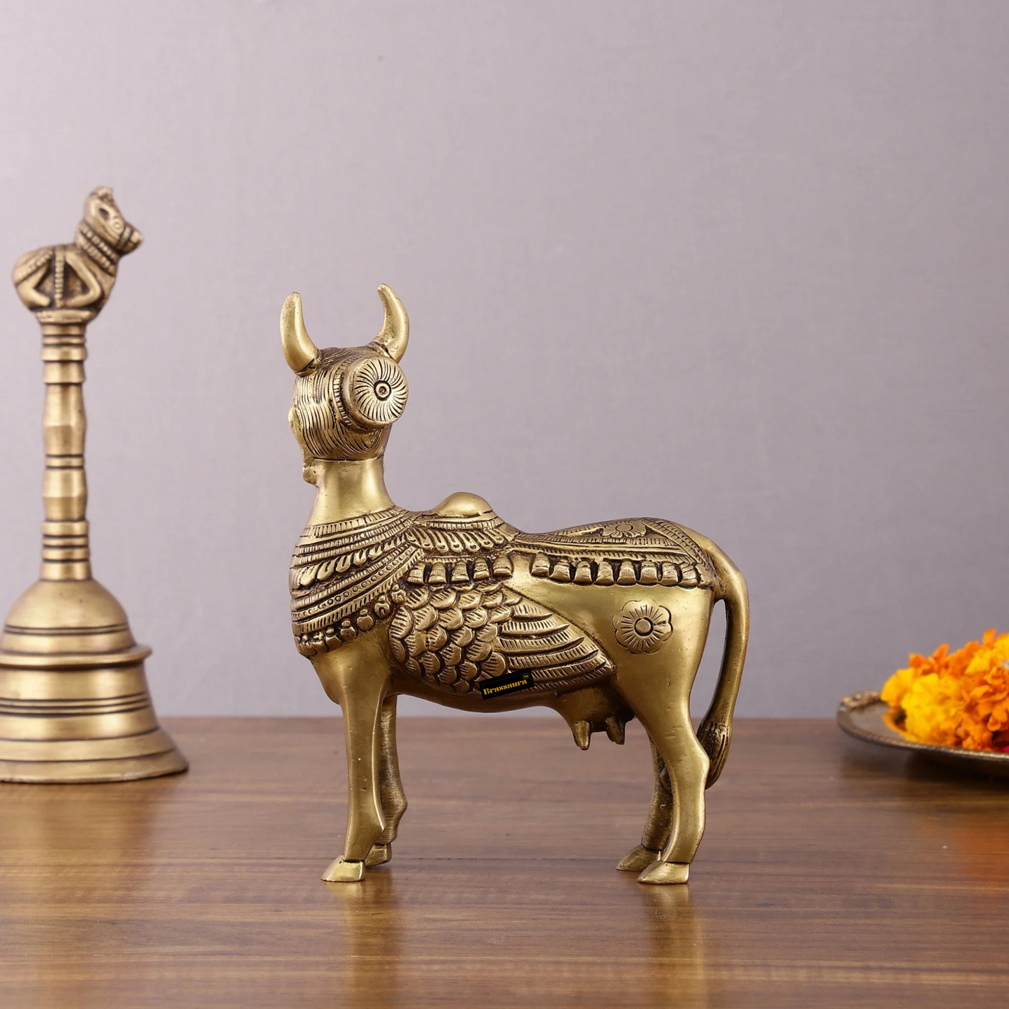 Brassaura™ Pure Brass Kamdhenu Cow Statue with Wings & Goddess Face | 6 Inches Height | 2 Kgs Weight | Symbol of Abundance & Spirituality