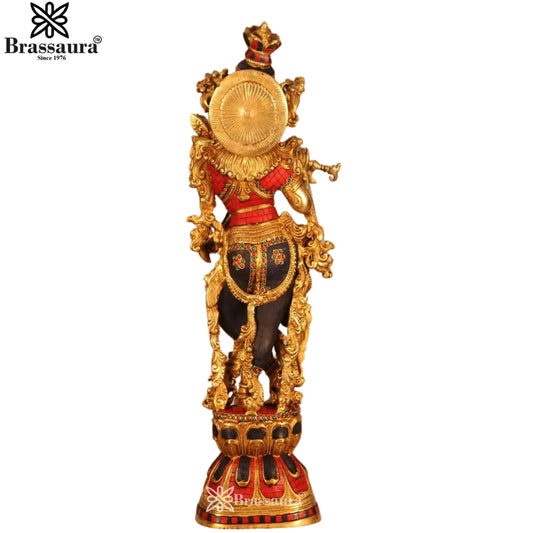 Brassaura® Handcrafted Meenakari & Stone Work Brass Krishna Idol | Premium Multicolour Brass Lord Krishna Playing Flute Murti for Home Temple & Luxury Décor | Height 30 Inches | Weight 16 Kgs
