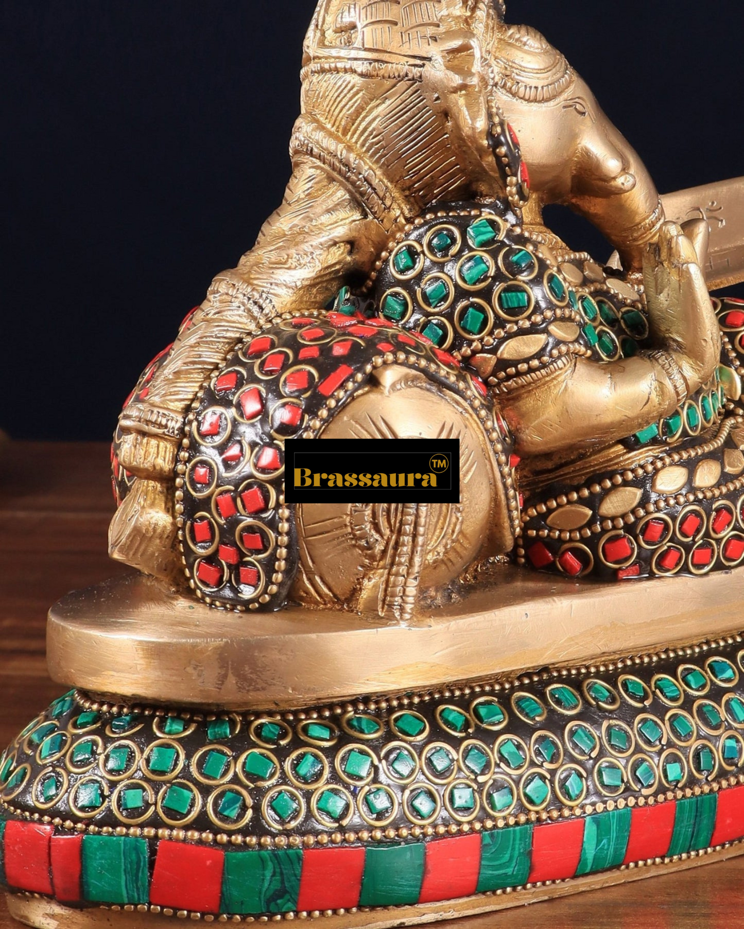Brassaura™ Handcrafted Brass Ganapathi on Peacock Throne – 7.5" Height, 4.5 kg – Adorned with Multicolored Stones