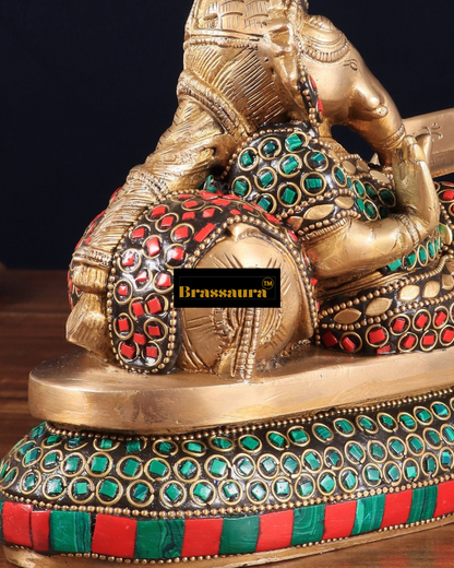 Brassaura™ Handcrafted Brass Ganapathi on Peacock Throne – 7.5" Height, 4.5 kg – Adorned with Multicolored Stones