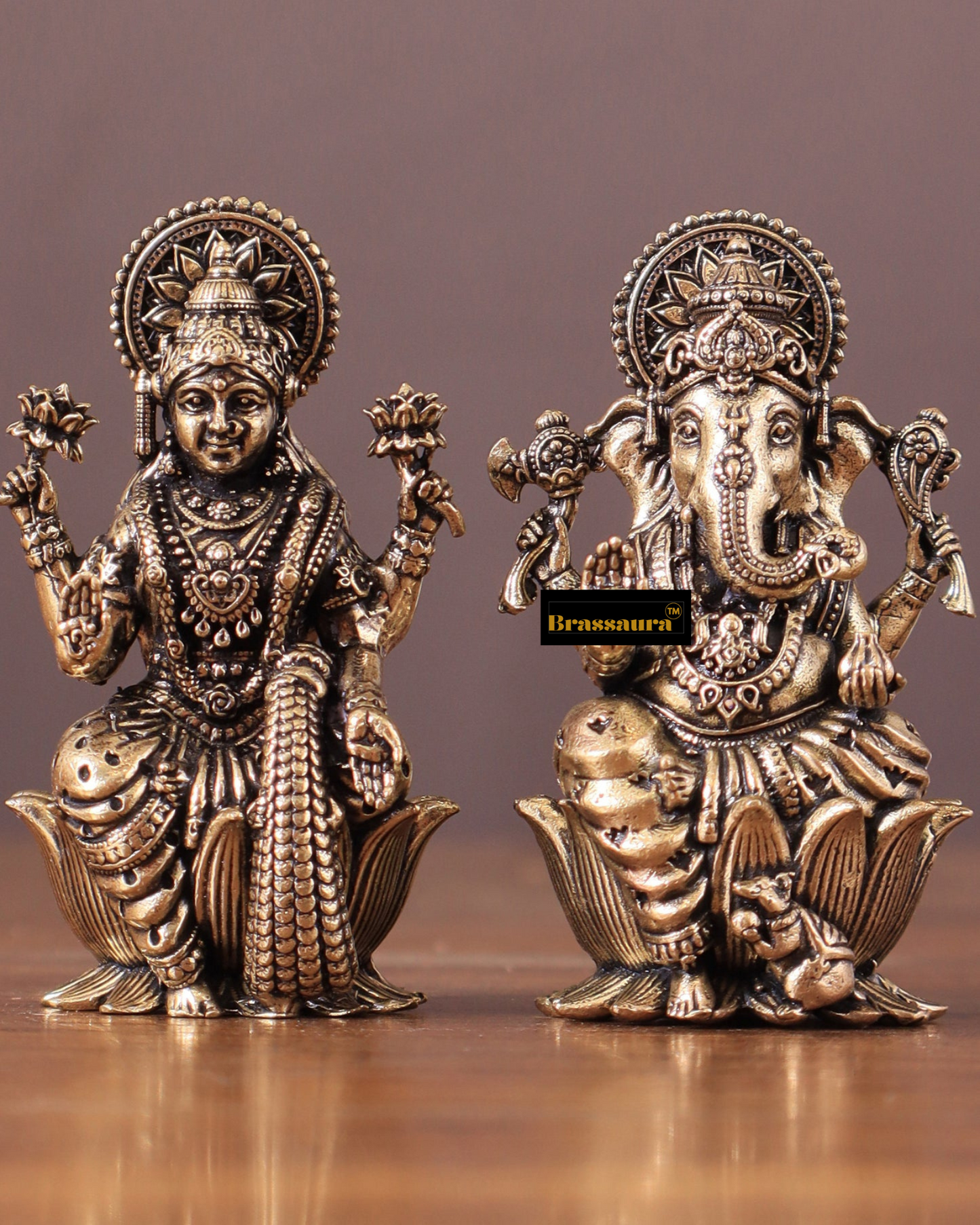 Brassaura™ Pure Brass Superfine Small Ganesh Lakshmi Idols – 2.5" Height, 180 gm – Intricately Crafted Divine Duo