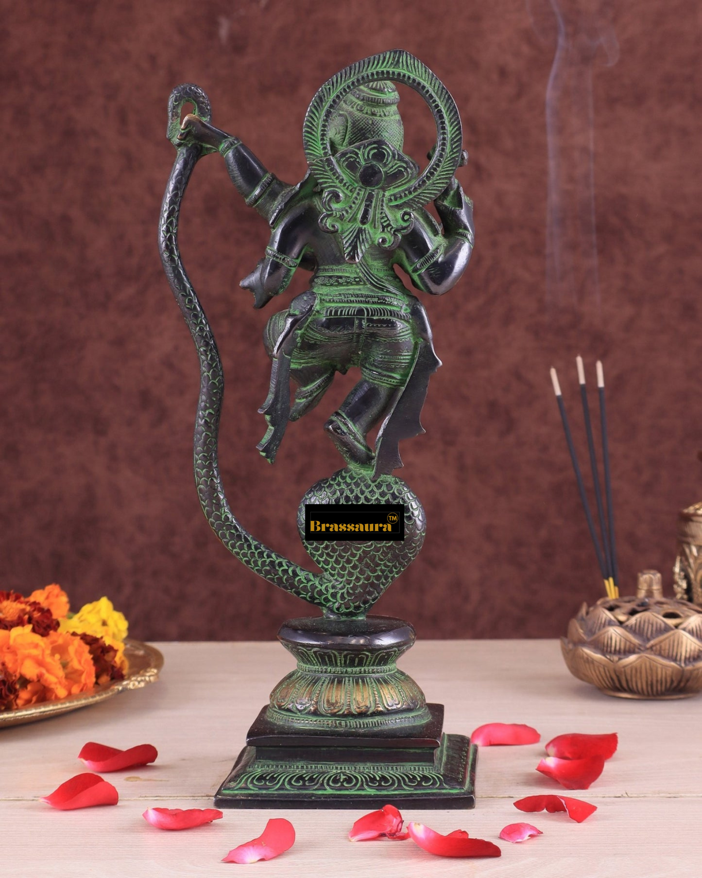 Brassaura™ Brass Dancing on Snake Lord Ganesha Statue – 11.5" Height, 3.25 kg – Unique Antique Black & Green Finish