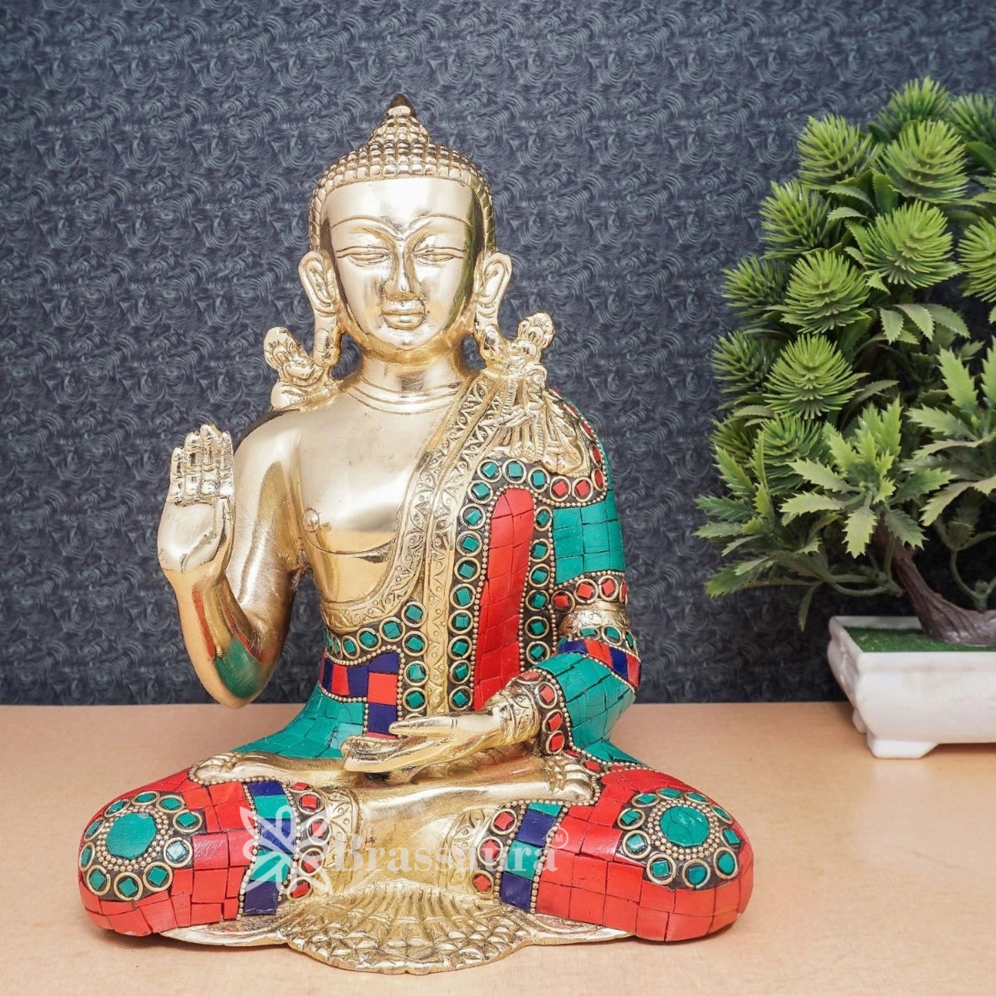 Brass Blessing Gem Stone Work Buddha Weight 3.4 kg & Height 9.5 Inch