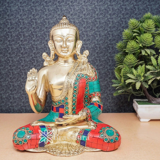 Brass Blessing Gem Stone Work Buddha Weight 3.4 kg & Height 9.5 Inch