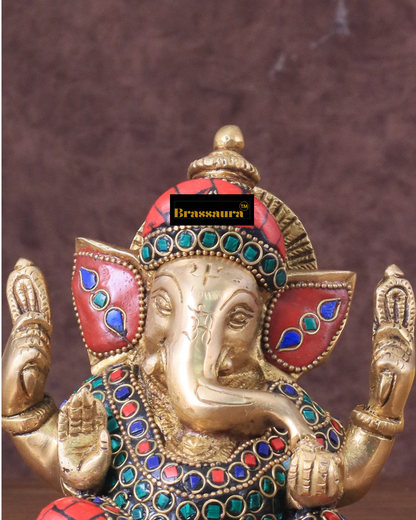 Brassaura™ Pure Brass Meenakari Lord Ganesha Idol – 6" Height, 1.8 kg – Handcrafted with Natural Colour Stones