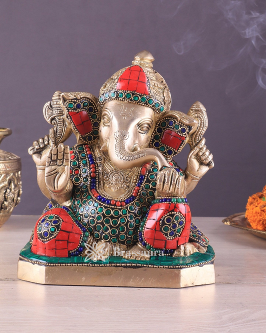 Brassaura™ Pure Brass Ganesha Statue – 7.5 Inch Height | 3.88 kg | Handcrafted with Stone Inlay