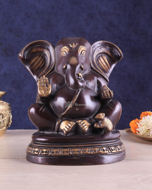 Brassaura™ Unique Brass Lord Ganesha Statue on Round Base – 8" Height, 3.46 kg – Vintage Finish