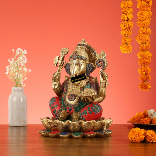 Brassaura™ Brass Handcrafted Ganapati on Lotus with Meenakari – Height 12 Inches, Weight 10 Kgs