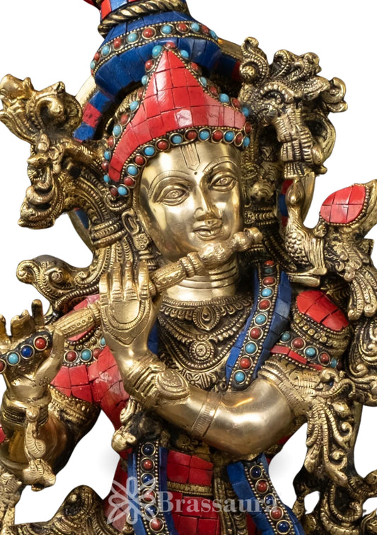 Brassaura® Premium Brass Lord Krishna Playing Flute with Sacred Cow Idol | Handcrafted Brass Krishna Murti with Antique Stone Inlay Work for Home Temple, Mandir & Spiritual Décor | Height 26 Inches | Weight 24.3 Kg