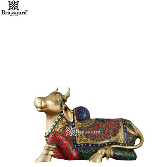 Brassaura® Colorful Brass Nandi Statue | Sacred Mount of Lord Shiva | Height 15 Inches