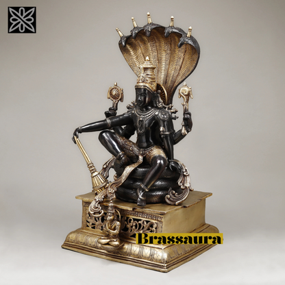 Brassaura™ Superfine Brass Lord Vishnu Idol with Sheshanaag & Hanuman | 29 Inches Height | 35 Kgs Weight | Black & Golden Heat-Treated Finish