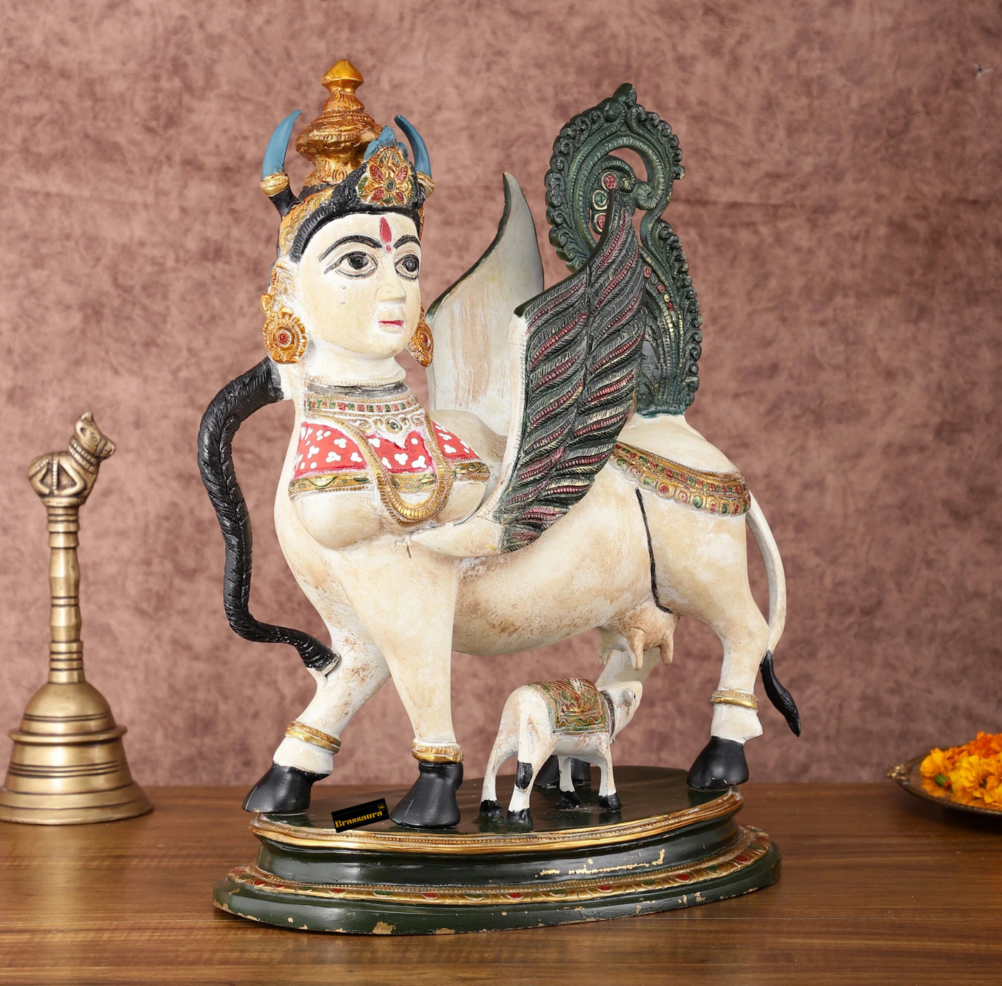 Brassaura™ Kamdhenu Cow Statue with Vintage Hand-Painted Mewar Style | 16.5 Inches Height | 14 Kgs Weight | Divine Symbol of Grace & Prosperity