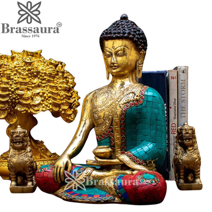 Brass Bhumisprasa Gem Stone Work Buddha Weight 6.2 kg & Height 12 Inch