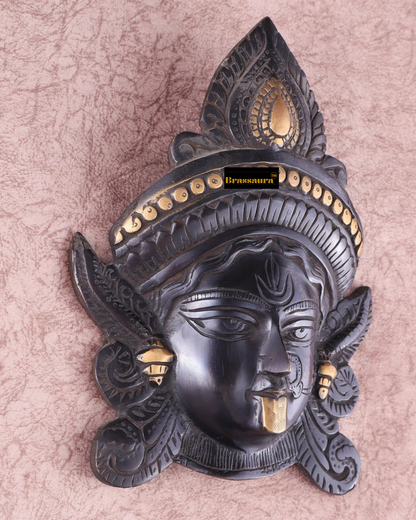 Brassaura™ Goddess Durga Brass Wall Mask – 2.2kg | 10.5" Height – Black Finish | Handcrafted Wall Mount