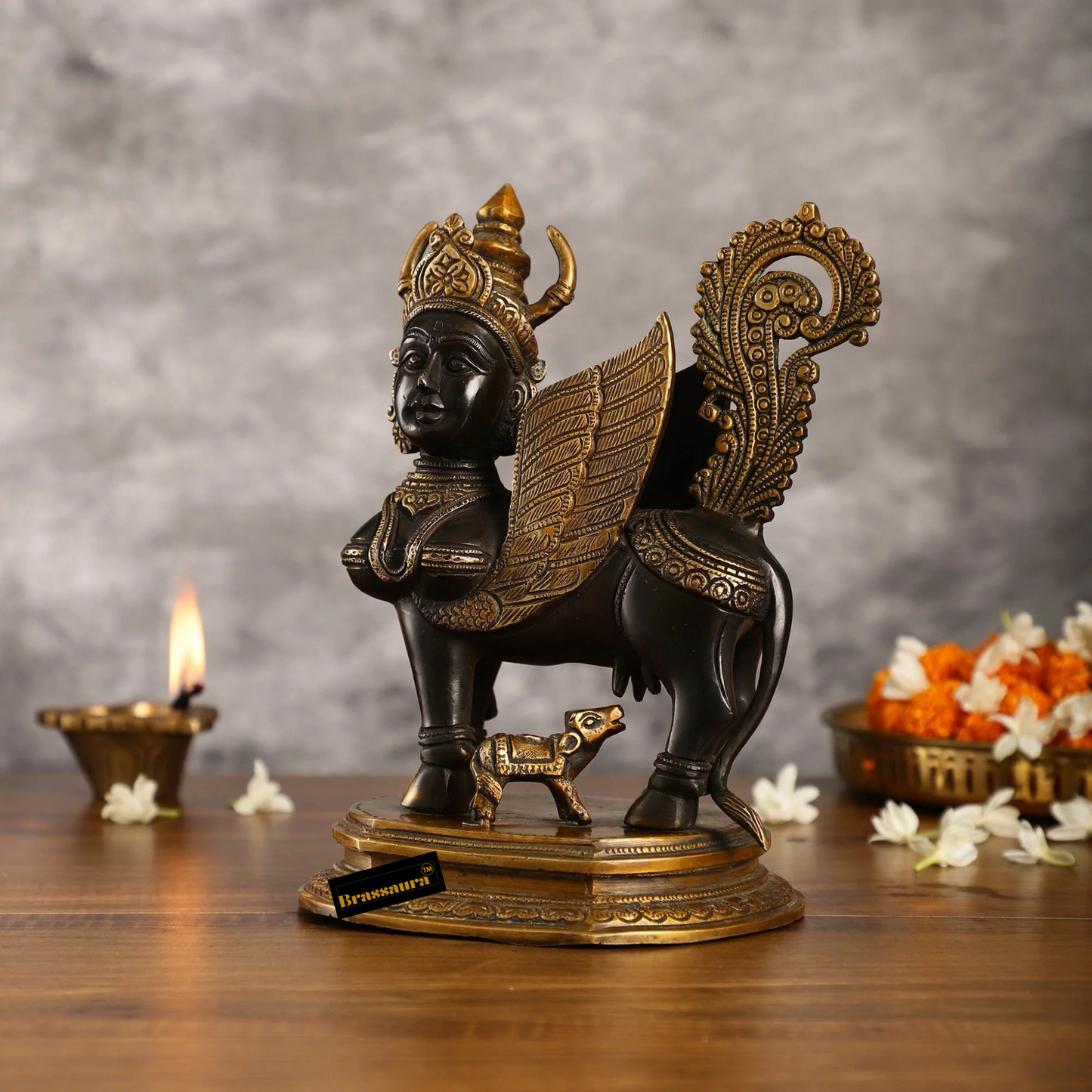 Brassaura™ Handcrafted Brass Kamdhenu Cow with Calf Statue | 10 Inches Height | 5 Kgs Weight | Elegant Black & Gold Finish