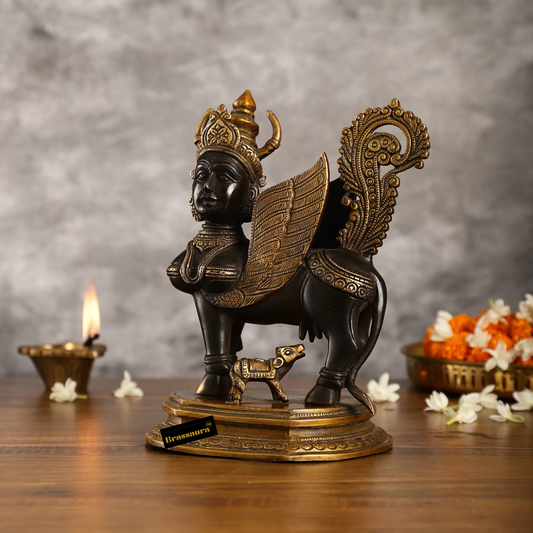 Brassaura® Handcrafted Brass Kamdhenu Cow with Calf Statue | 10 Inches Height | 5 Kgs Weight | Elegant Black & Gold Finish