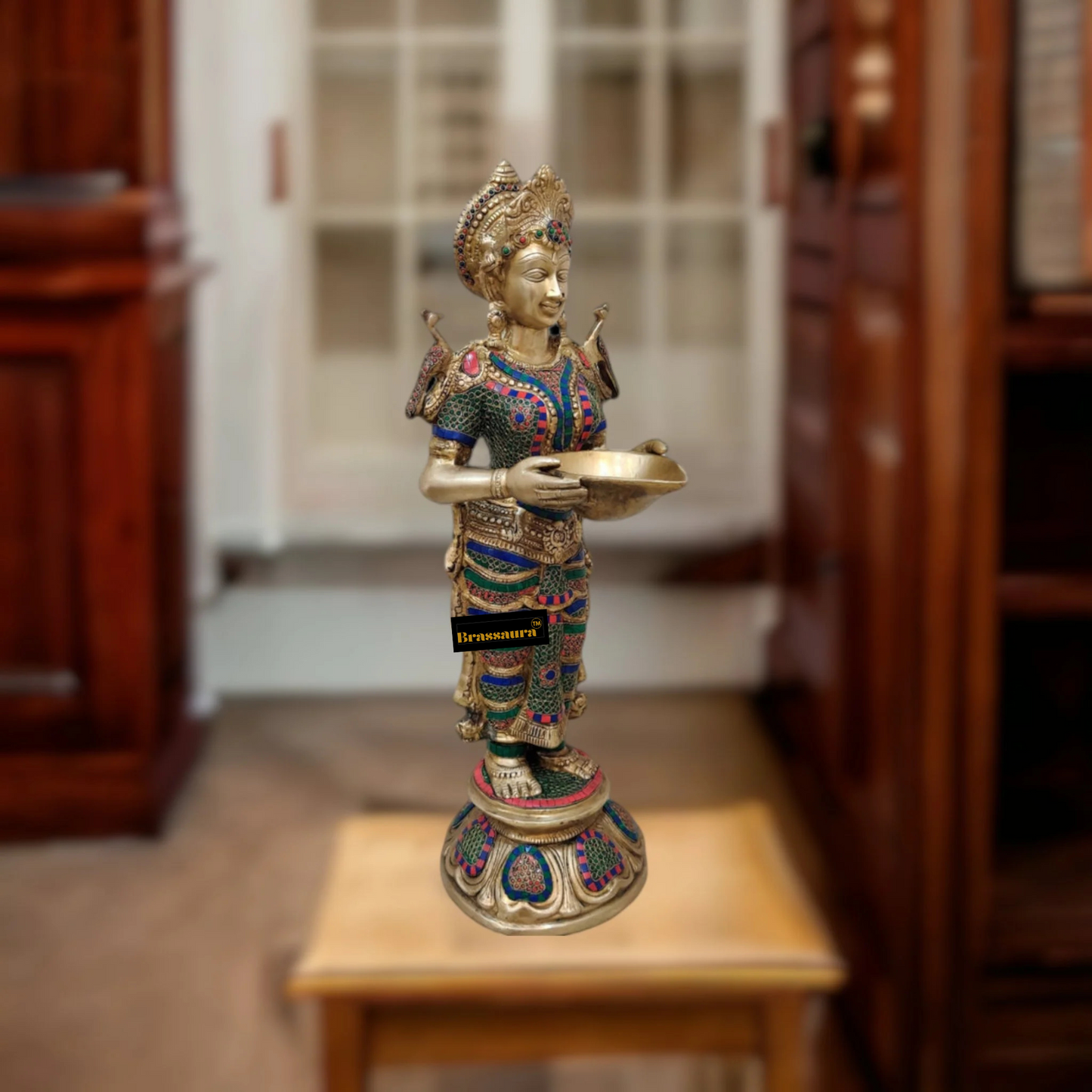 Brassaura™ Superfine Brass Lakshmi Deepam Lamp with Natural Stone Inlay | 30 Inches Height | 17 Kgs Weight | Traditional Decor & Gifting