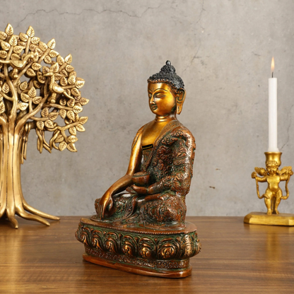 Brassaura™ Pure Brass Buddha Bhumisparsha Engraved Statue in Dual Tone – Height 9 Inches, Weight 2.73 Kgs