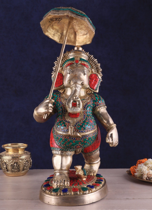 Brassaura™ Brass Lord Ganesha Holding Umbrella – 24" Height, 14 kg – Meenakari Stonework Masterpiece