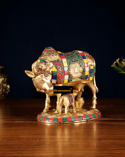Brassaura™ Brass Kamdhenu Cow with Calf – Meenakari Stonework | 7 Inches Height | 3.25 Kgs Weight | Symbol of Prosperity & Protection