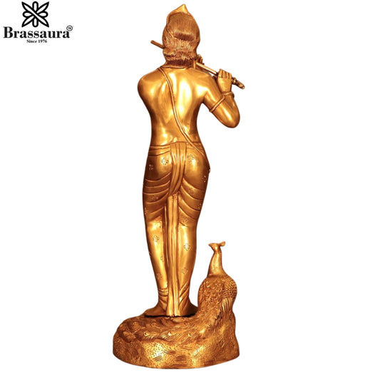Brassaura® Handcrafted Muralidhara Brass Krishna Idol | Premium Golden Brass Lord Krishna Playing Flute Murti with Peacock for Home Temple & Luxury Décor | Height 29 Inches | Weight 14.8 Kgs