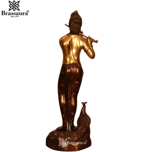 Brassaura® Handcrafted Muralidhara Brass Krishna Idol | Premium Antique Copper Finish Lord Krishna Playing Flute Murti for Home Temple & Luxury Décor | Height 29 Inches | Weight 14.6 Kgs
