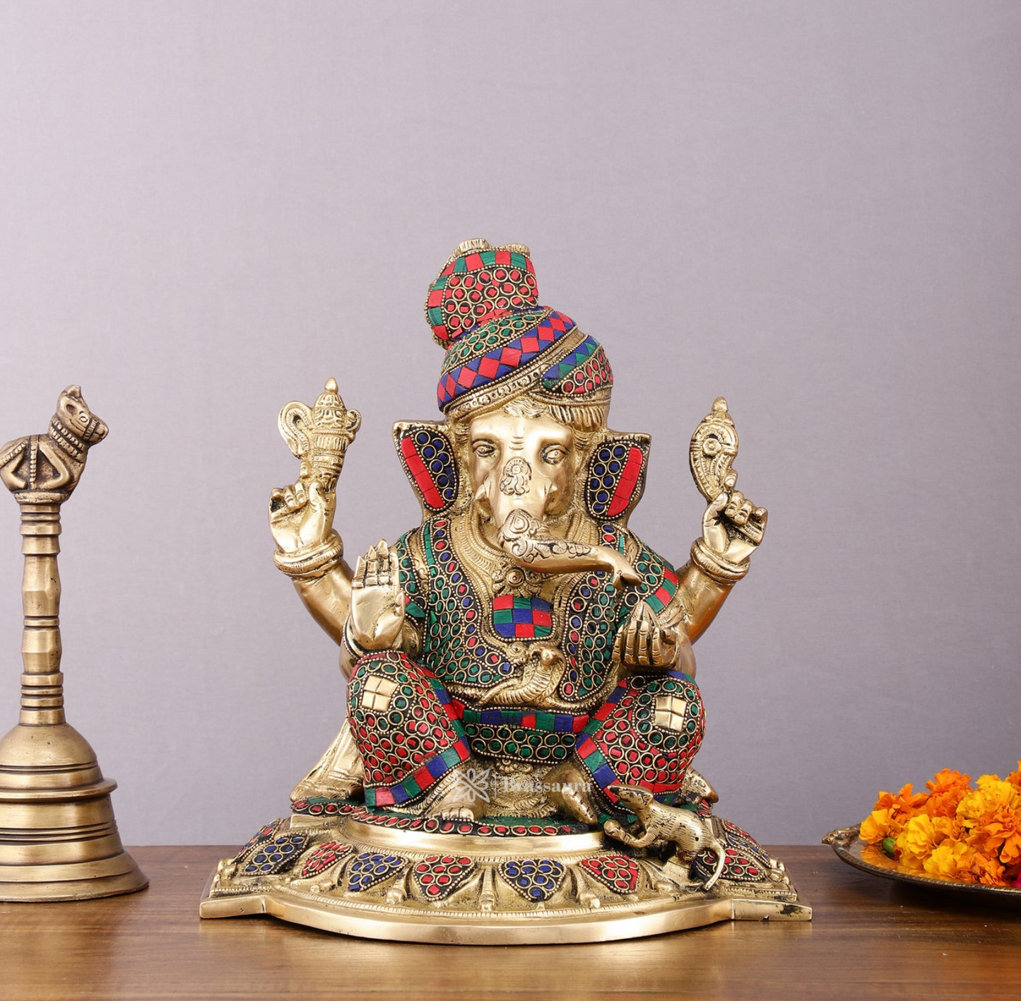 Brassaura™ Brass Superfine Handcrafted Lord Ganesha Idol with Pagadi – 11" Height, 7.5 kg – Meenakari Stonework