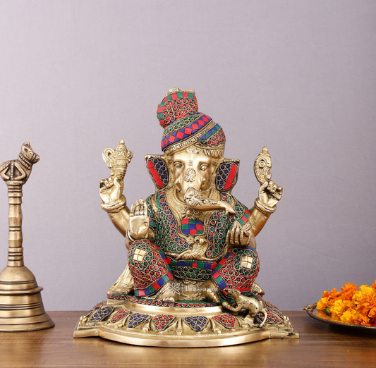 Brassaura™ Brass Superfine Handcrafted Lord Ganesha Idol with Pagadi – 11" Height, 7.5 kg – Meenakari Stonework