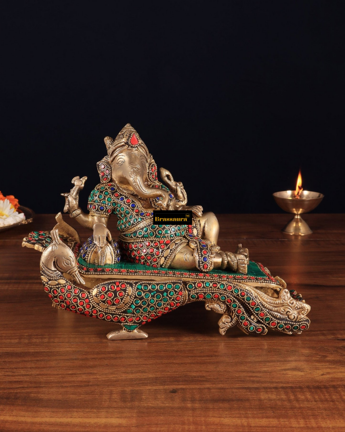 Brassaura™ Handcrafted Ganapathi on Peacock Throne – 7.5" Height, 4.5 kg – Brass Statue with Multicolored Stones