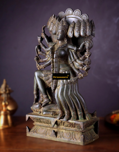 Brassaura™ Mahakali Brass Idol – 10 Heads | 10kg | 15" Height – Handcrafted | Vintage Finish