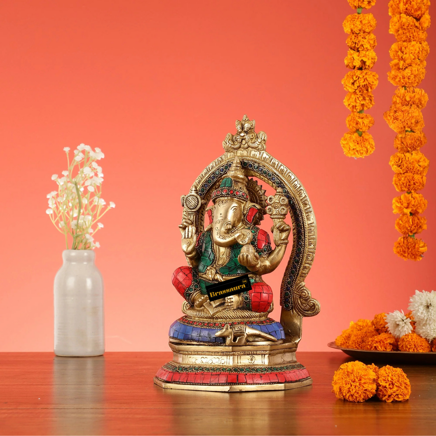 Brassaura™ Brass Lord Ganesha Murti with Stonework – Height 11.5 Inches, Weight 4 Kgs