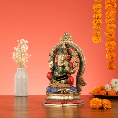 Brassaura™ Brass Lord Ganesha Murti with Stonework – Height 11.5 Inches, Weight 4 Kgs