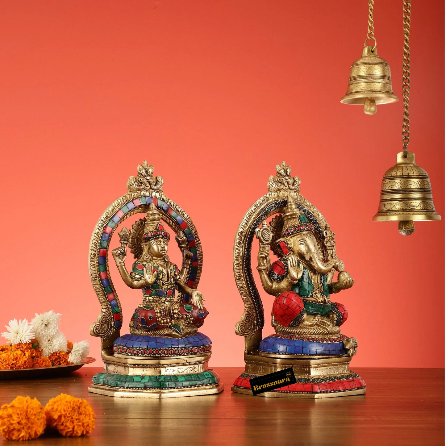 Brassaura™ Brass Lord Ganesha & Goddess Lakshmi Idol Pair with Stonework – Height 11.5 Inches, Weight 8 Kgs