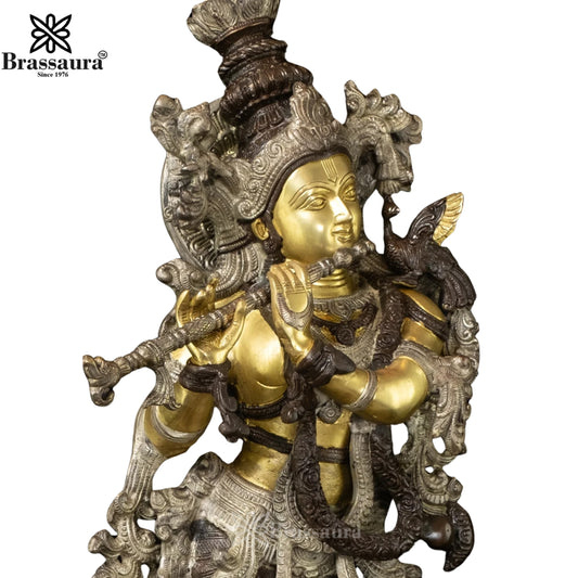Brassaura® Vasudeva Putra Lord Krishna Playing Flute Idol | Pure Brass Handcrafted Murti | Krishna Statue for Home Temple, Living Room & Spiritual Décor | Height 29.5 Inches | Weight 15 Kgs