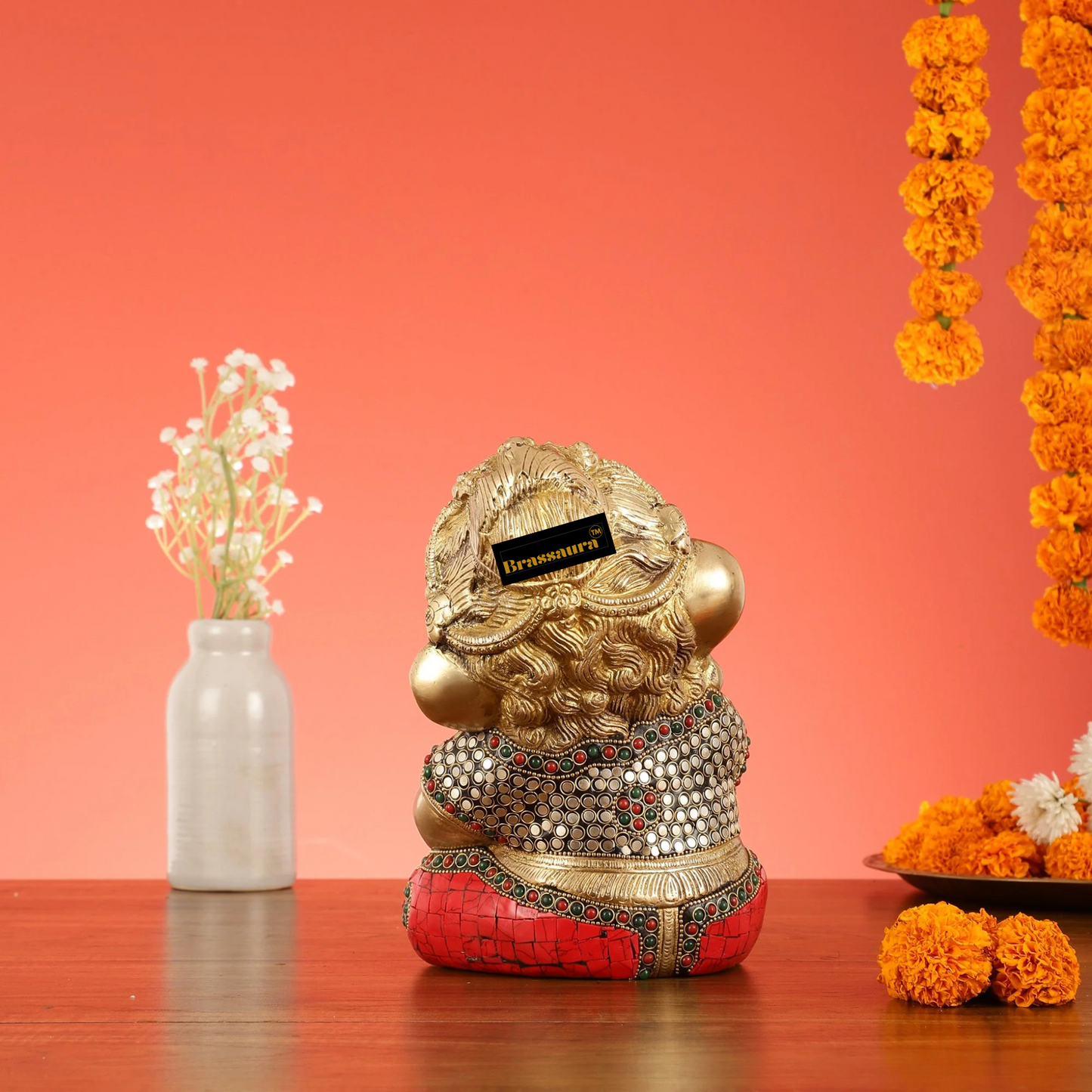 Brassaura™ Pure Brass Baby Ganesha Idol in Meditation with Natural Stones – Height 9 Inches, Weight 5 Kgs