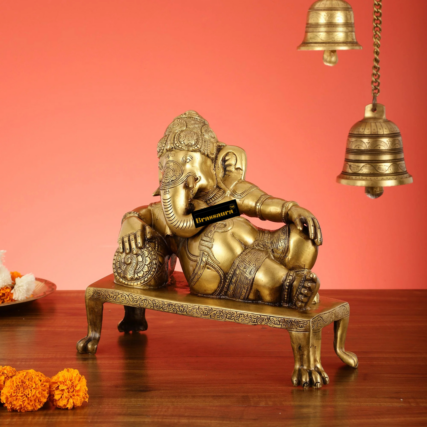 Brassaura™ Brass Resting Ganesha Statue – Height 10.5 Inches, Weight 6.75 Kgs