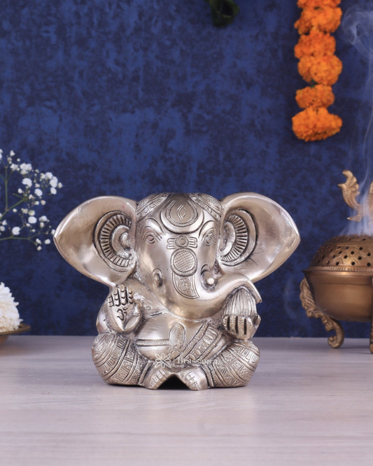 Brassaura™ Brass Appu Ganesha Superfine Statue – 6" Height, 1.6 kg – Antique Finish with Big Ears