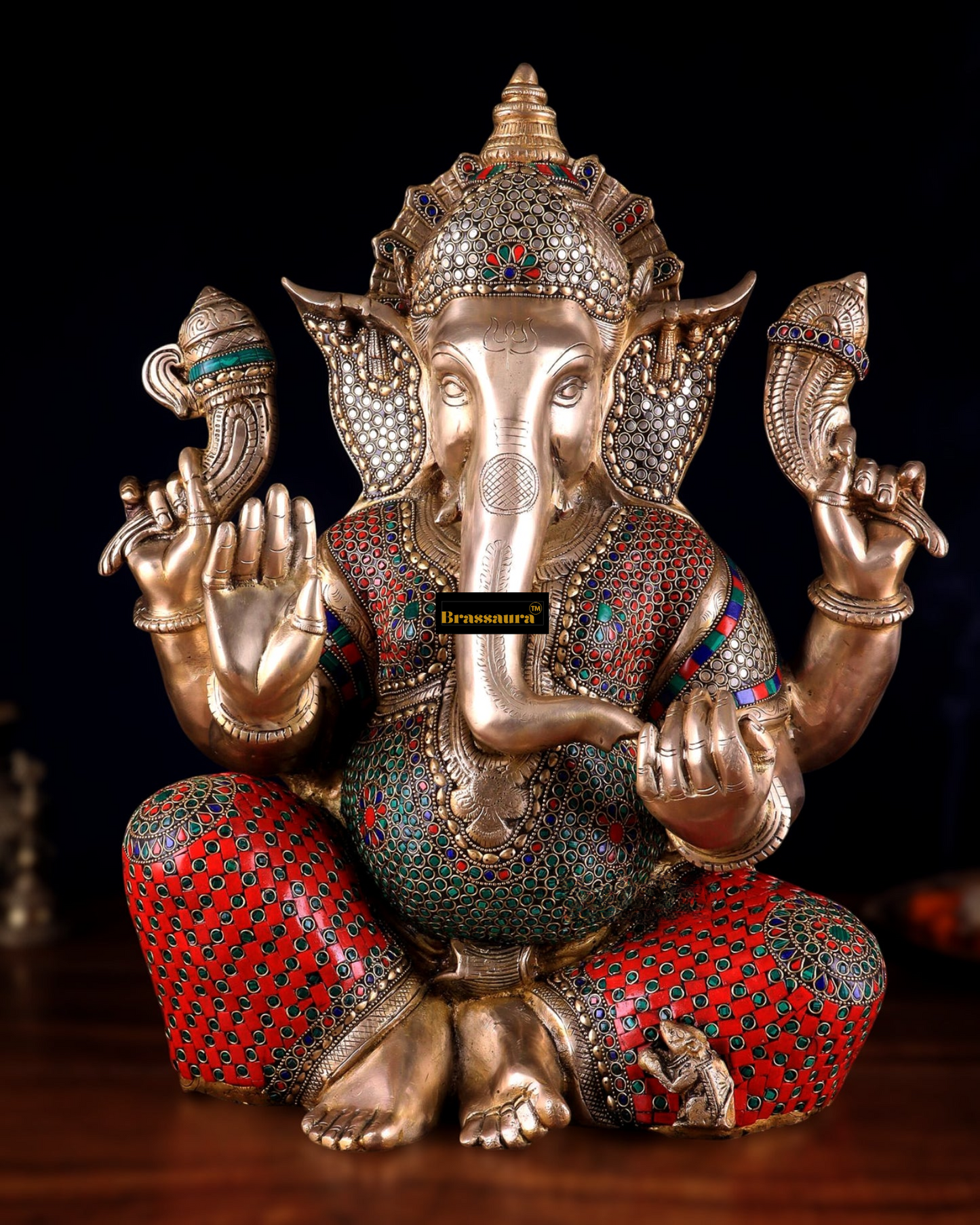 Brassaura™ Pure Brass Ganesha Statue with Flora Meenakari – 20" Height, 22 kg – Elegant Spiritual Masterpiece