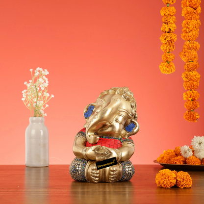 Brassaura™ Pure Brass Baby Ganesha Idol in Meditation with Natural Stones – Height 9 Inches, Weight 5 Kgs