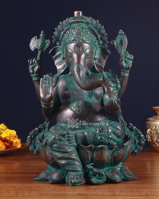Brassaura™ Handcrafted Pure Brass Ganesha Idol with Bronze & Mud Green Patina – 12.25" Height, 8 kg – Lotus Base Divine Décor