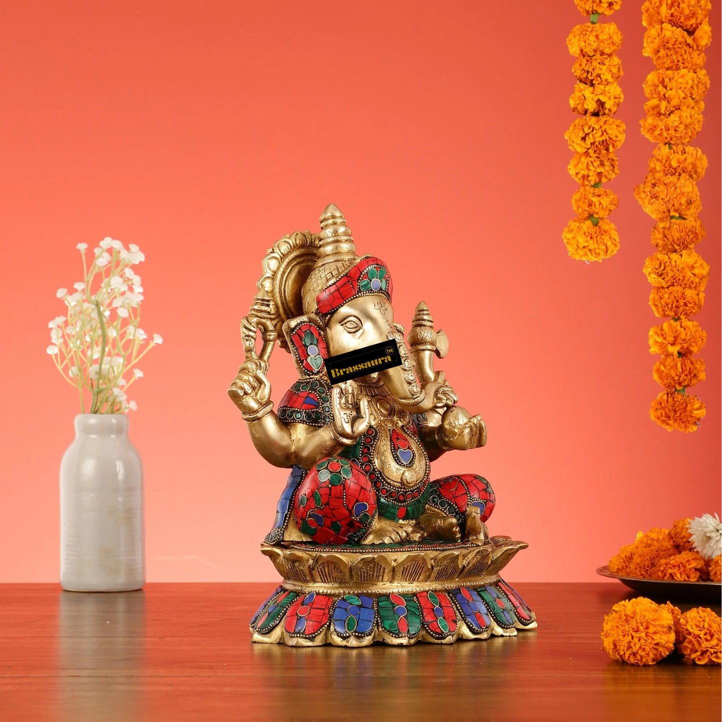 Brassaura™ Brass Lord Ganesha on Lotus Idol with Meenakari – Height 11 Inches, Weight 7 Kgs