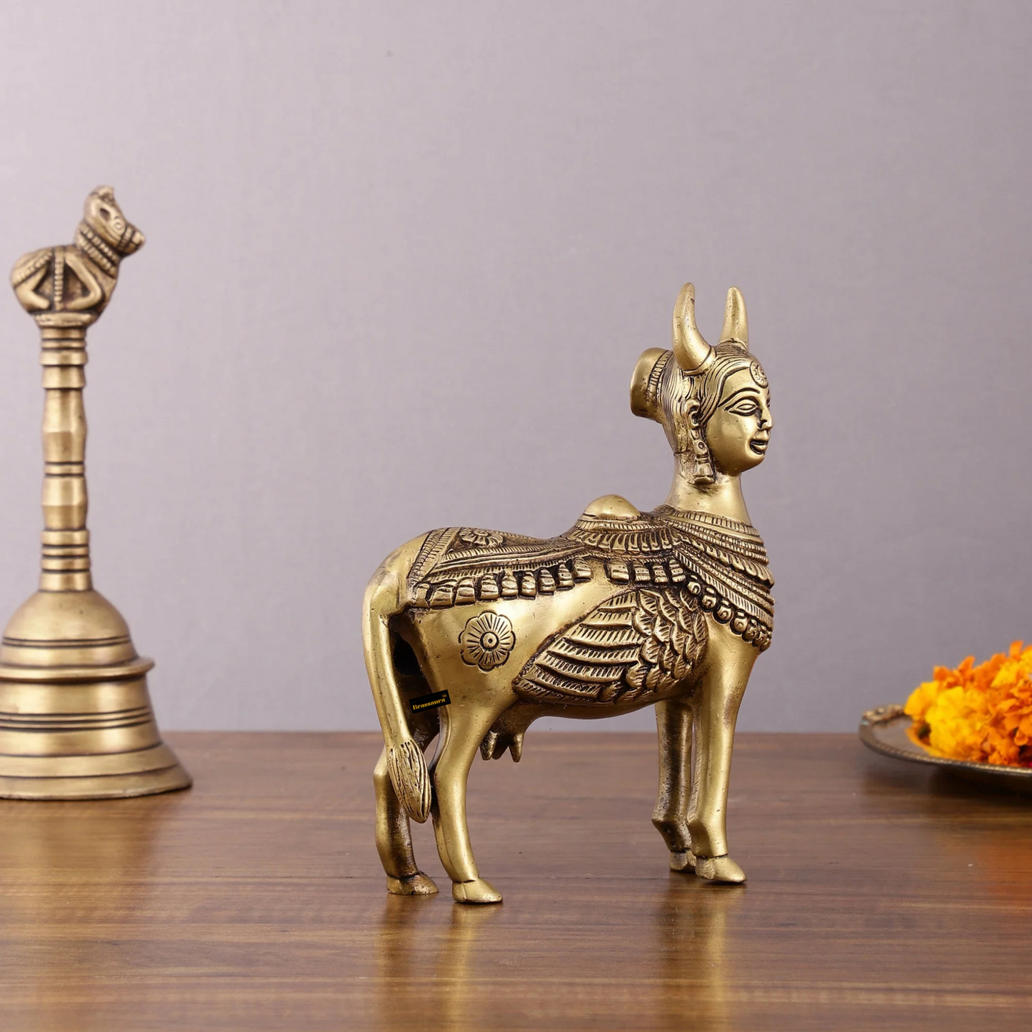 Brassaura™ Pure Brass Kamdhenu Cow Statue with Wings & Goddess Face | 6 Inches Height | 2 Kgs Weight | Symbol of Abundance & Spirituality