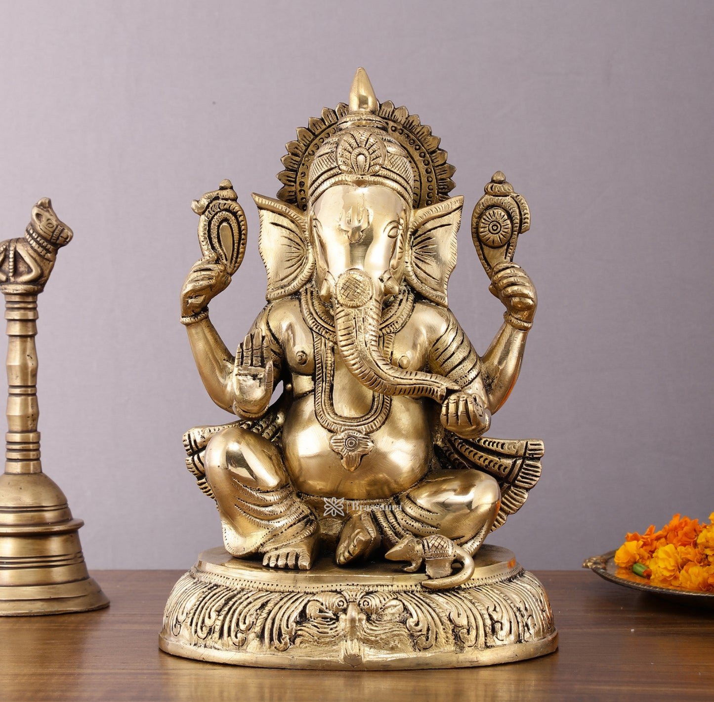 Brassaura™ Brass Mangalkari Ganapati on Lotus Throne – 22" Height, 27 kg – Handcrafted Divine Masterpiece