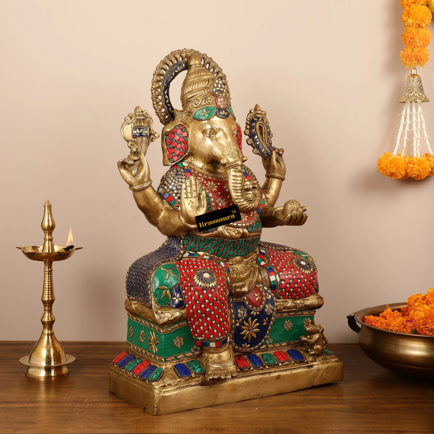 Brassaura™ Brass Lord Ganapati Statue with Intricate Stonework – Height 24 Inches, Weight 26 Kgs