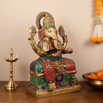 Brassaura™ Brass Lord Ganapati Statue with Intricate Stonework – Height 24 Inches, Weight 26 Kgs