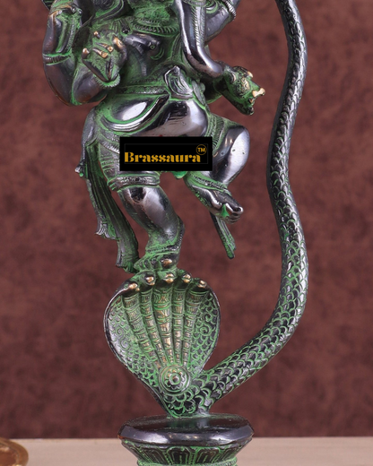 Brassaura™ Brass Dancing on Snake Lord Ganesha Statue – 11.5" Height, 3.25 kg – Unique Antique Black & Green Finish