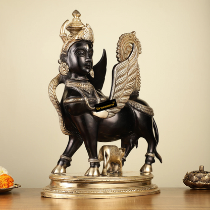 Brassaura™ Kamdhenu Cow with Wings and Mother Face Statue | 16.5 Inches Height | 14 Kgs Weight | Elegant Black Tone Brass